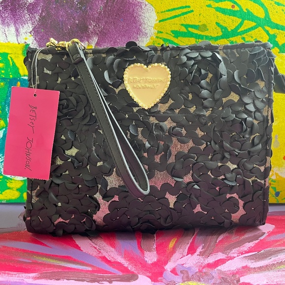 Betsey Johnson Handbags - BETSEY JOHNSON Cosmetic Bag Black Floral Petals on Mesh over Gold
